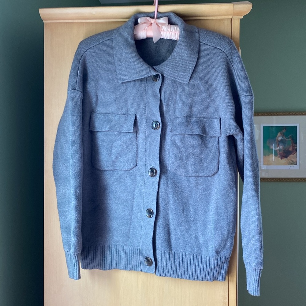 Grey Collared Button Down Sweater With Pockets Si… - image 1